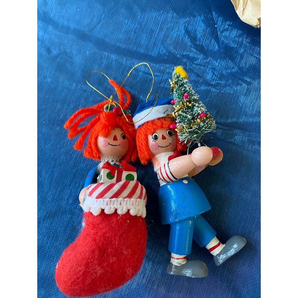 Set of 2 Raggedy Ann Style Christmas Ornaments Stocking & Tree Decoration
